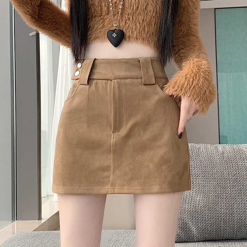 

Мини-юбка из искусственной замши, женские юбки-карандаш трапециевидной формы с высокой талией, новая осенняя короткая юбка 2025 года, шикарный крой в стиле ретро