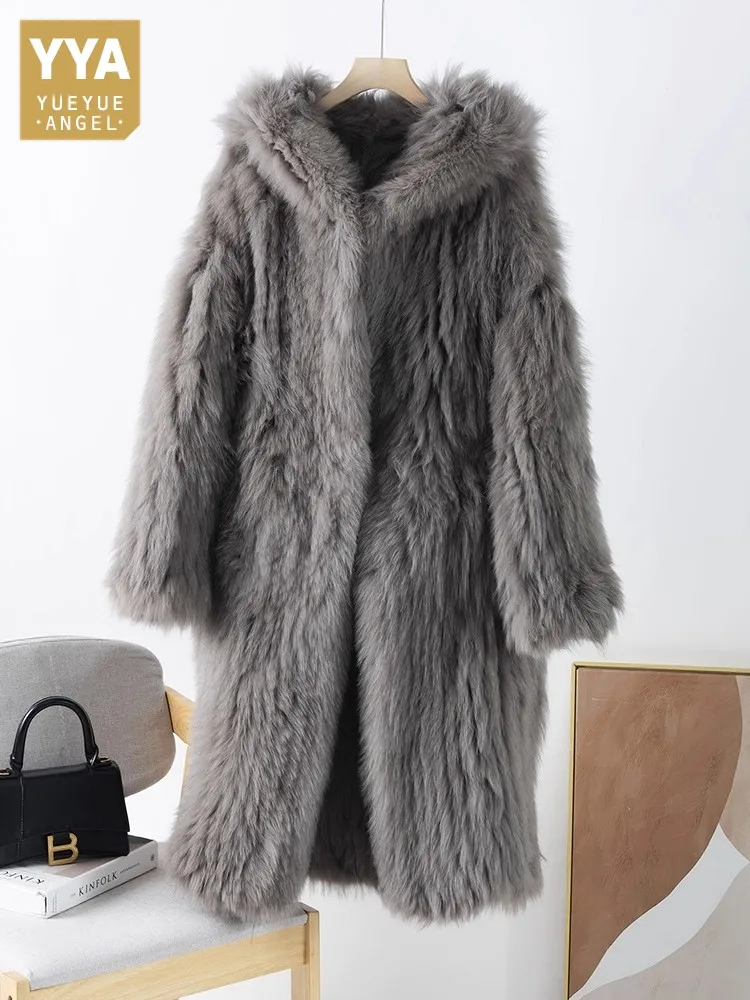 Winter Women Oversized Long Real Fox Fur Jacket Elegant Ladies Party Fluffy Overcoat New Designer Warm Loose Fit Hooded Outwear