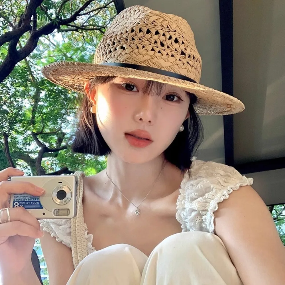 

Trendy Hollow Hollow Straw Hat Wide Brim Leather Buckle Western Cowboy Hat Sunscreen Jazz Visor Cap Outdoor