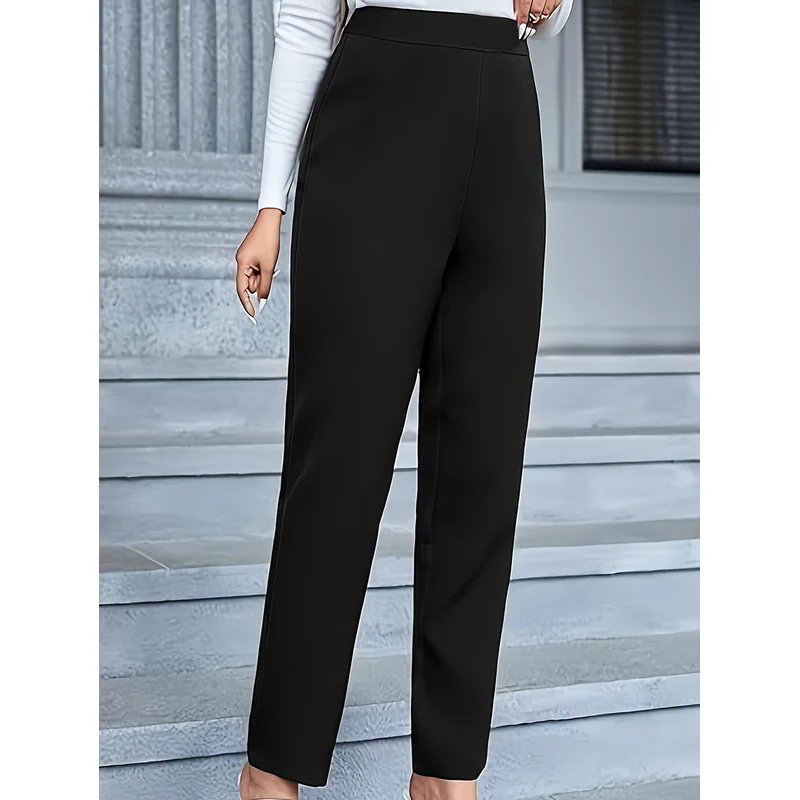 بنطلون نسائي أنيق ضيق موديل 2025 بخصر عادي مريح ونحيف بلون أسود موحد للاستخدام اليومي والمكتبي