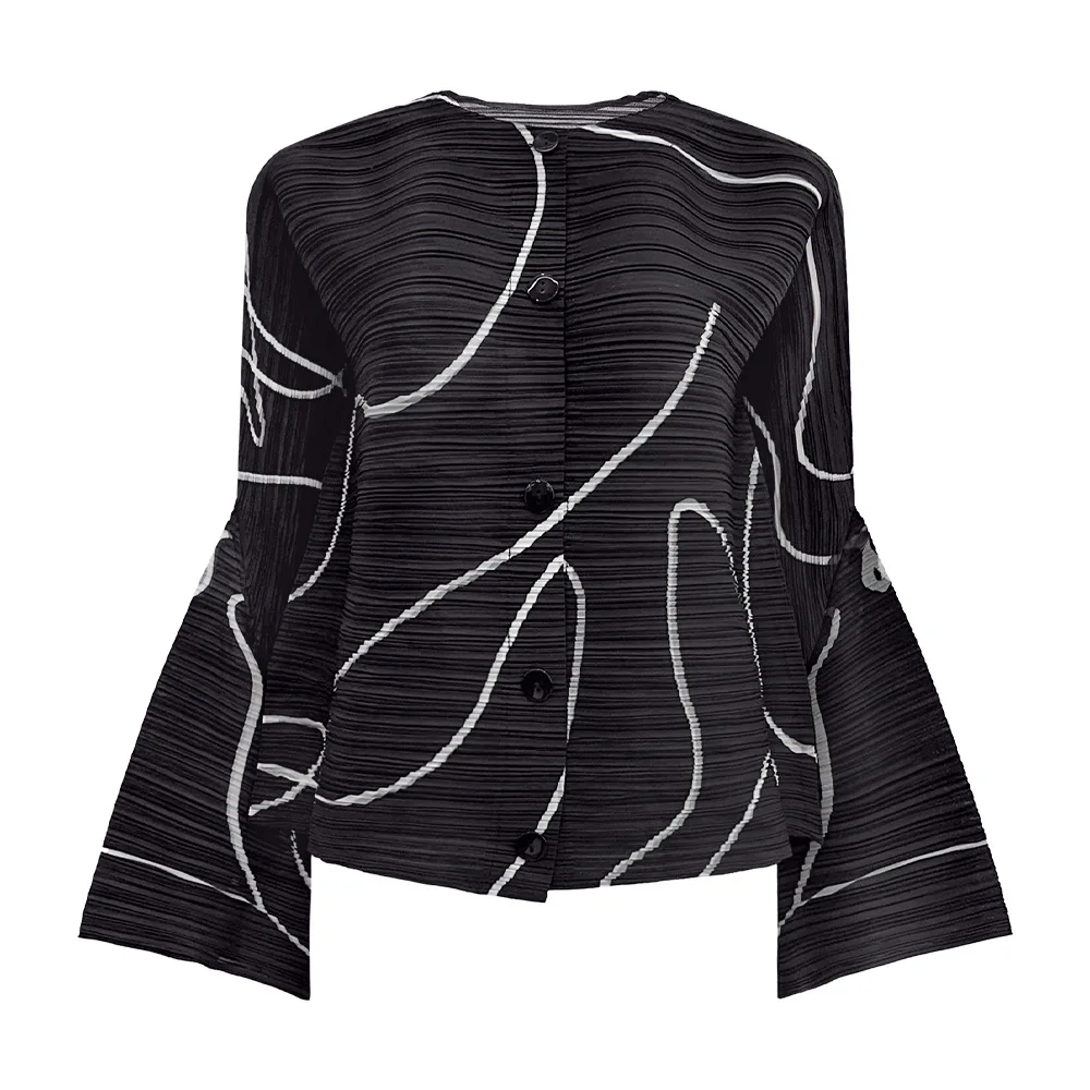 Camicia a pieghe Miyake Premium Sense Semplicità Camicia cardigan stampata irregolare a righe 2025 Nuove magliette casual a maniche lunghe allentate