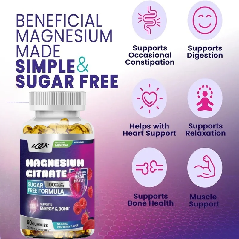 Magnesium Citrate Gummies, High Absorption Magnesium Gummies Supplement, Support Bones, Muscles, and Relaxation, 60 Gummies