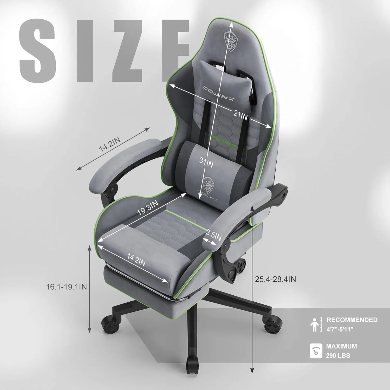 Gaming Chair Fabric with Pocket Spring Cushion, Massage Game Chair Cloth with Headrest, Ergonomic Computer Chair, Light Grey