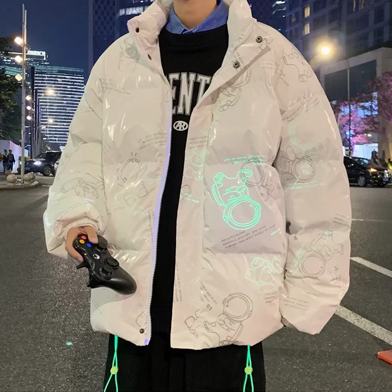 Fluorescent Print Puffer Parkas for Mens Winter Fashion Trends Ski Waterproof Warm Jackets Teen Hip Hop Bubble Coats Streetwear