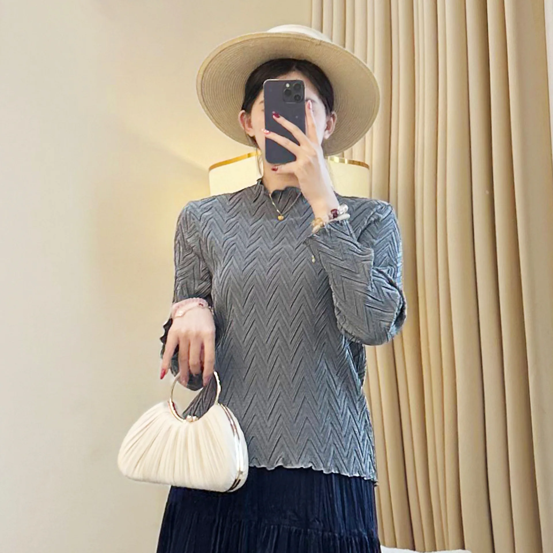 

Miyake плиссированные, новинка 2025 года, осенние и зимние топы с длинными рукавами, плиссированные, однотонные, с рукавами девять минут, женские плиссированные