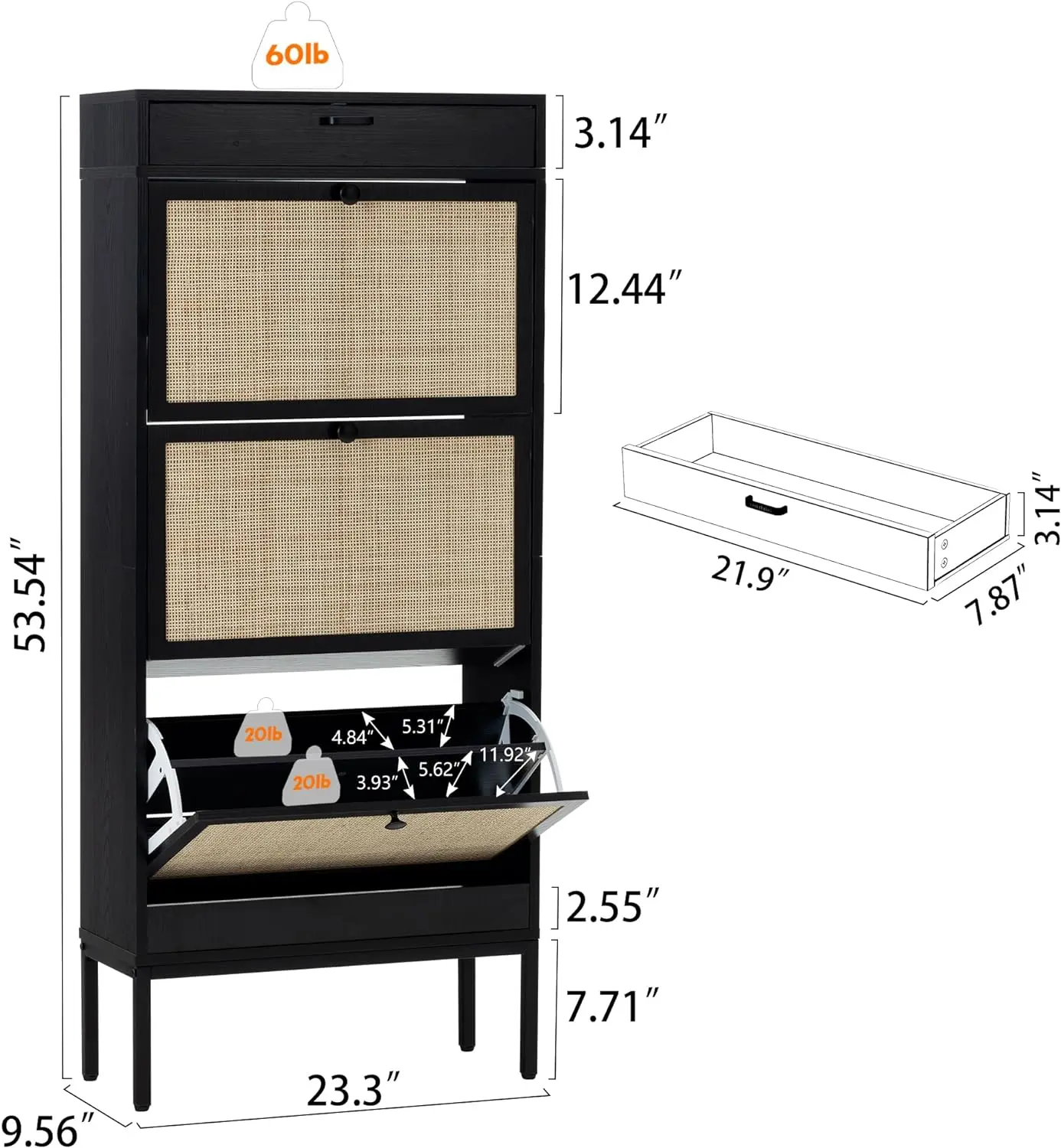 Shoe Cabinet, Natural Rectangular Rattan Shoe Storage Organizer Cabinet with 3 Flip Drawers, Freestanding Shoe Rack