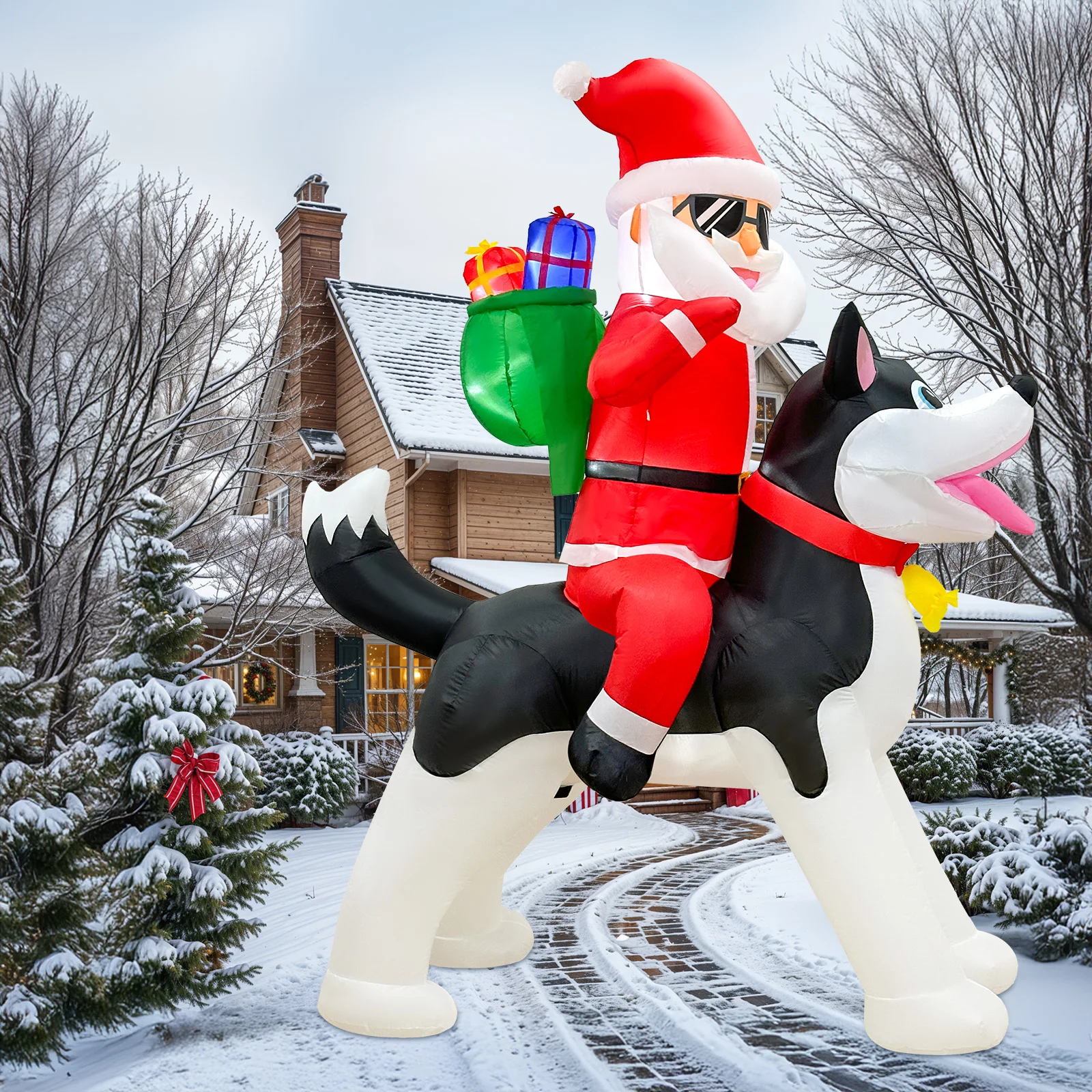 8FT inflatable Christmas outdoor decoration, Santa Claus riding a husky, fun Christmas patio decoration