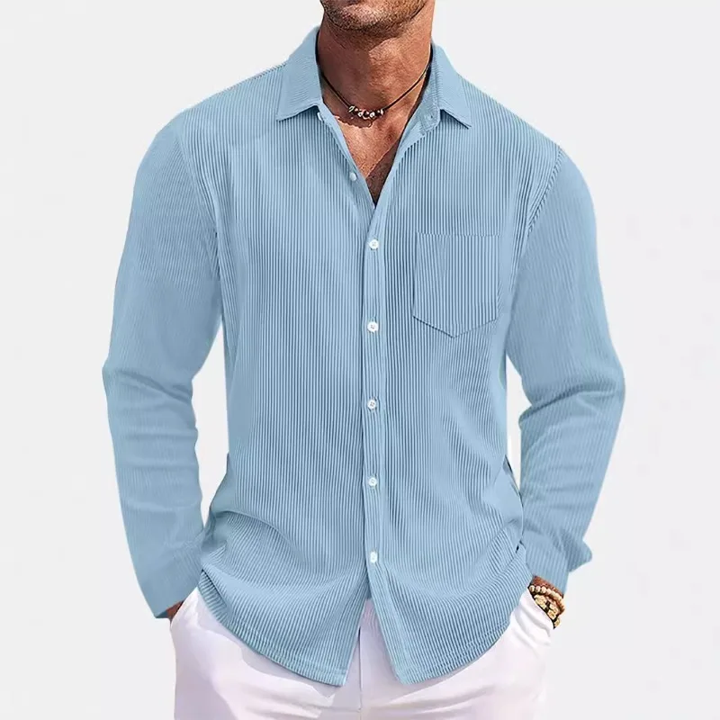 Autumn Men's Vertical Striped Long Sleeved Shirt Trendy Solid Color Loose Casual Shirts Business Social Streetwear Large S-5XL