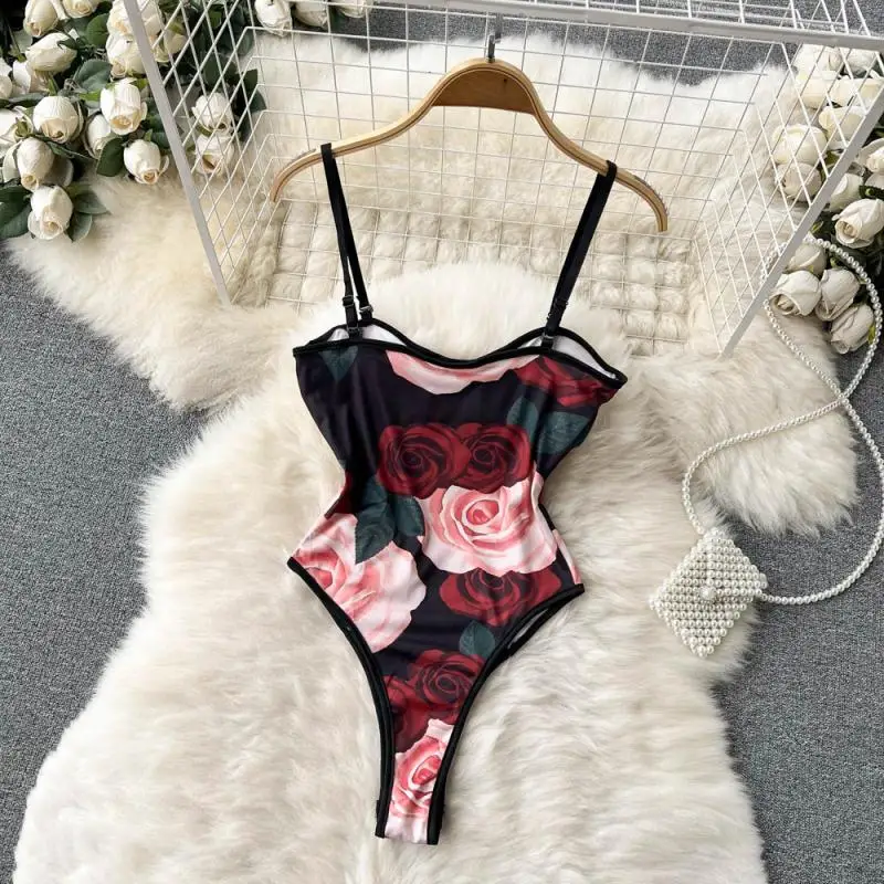 AE Style Women\'s Inset Mesh Red Fashion Versatile Floral Print Bottom Tight Jumpsuit Sexy Bodysuit