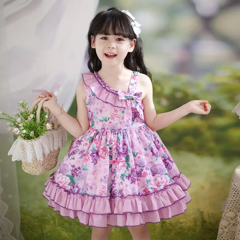 

2024 New Spanish Lolita Princess Ball Gown Sleeveless Print Design Birthday Baptism Eid Party Girls Dresses A3662