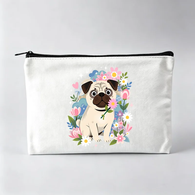 Bolsa de maquiagem feminina de lona com estampa de cachorro pug e flores, bolsa de cosméticos com estampa de animal fofo para uso diário