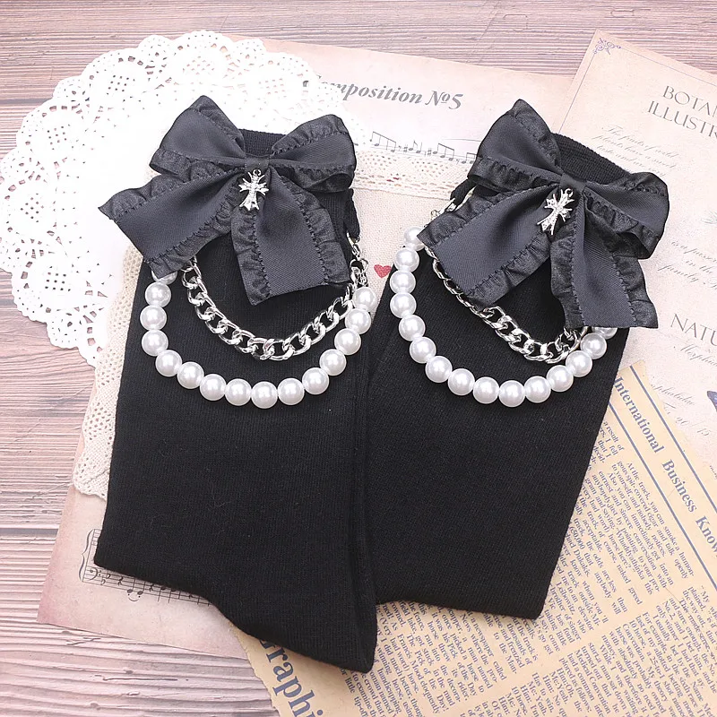 Gothic Dark Black Bow Socks Punk Bow with Beads Chains Mid-Calf Socks Larme Kei Cotton Lace Socks for Y2K GirlWomen