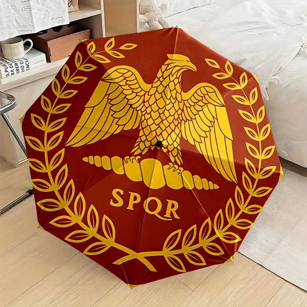 Roman Eagle Emblem with SPQR on Red and Gold Design portable waterproof sun rain umbrella for outdoor travel beach