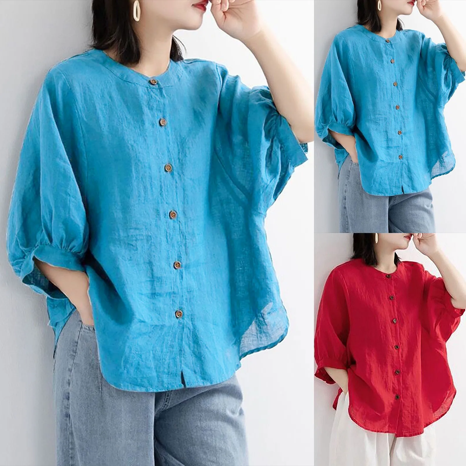 shirts & blouses Women Casual Spring Summer Solid Color Vintage Button Cotton Linen Shirt Long Sleeve Youthful woman clothes