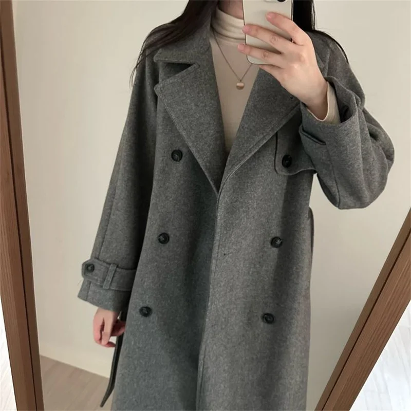 [EWQ] Korean Temperament Double Breasted Lace-up Double-faced Cashmere Coat Women Winter Thick Overcoats 2024 Autumn New 16O2722