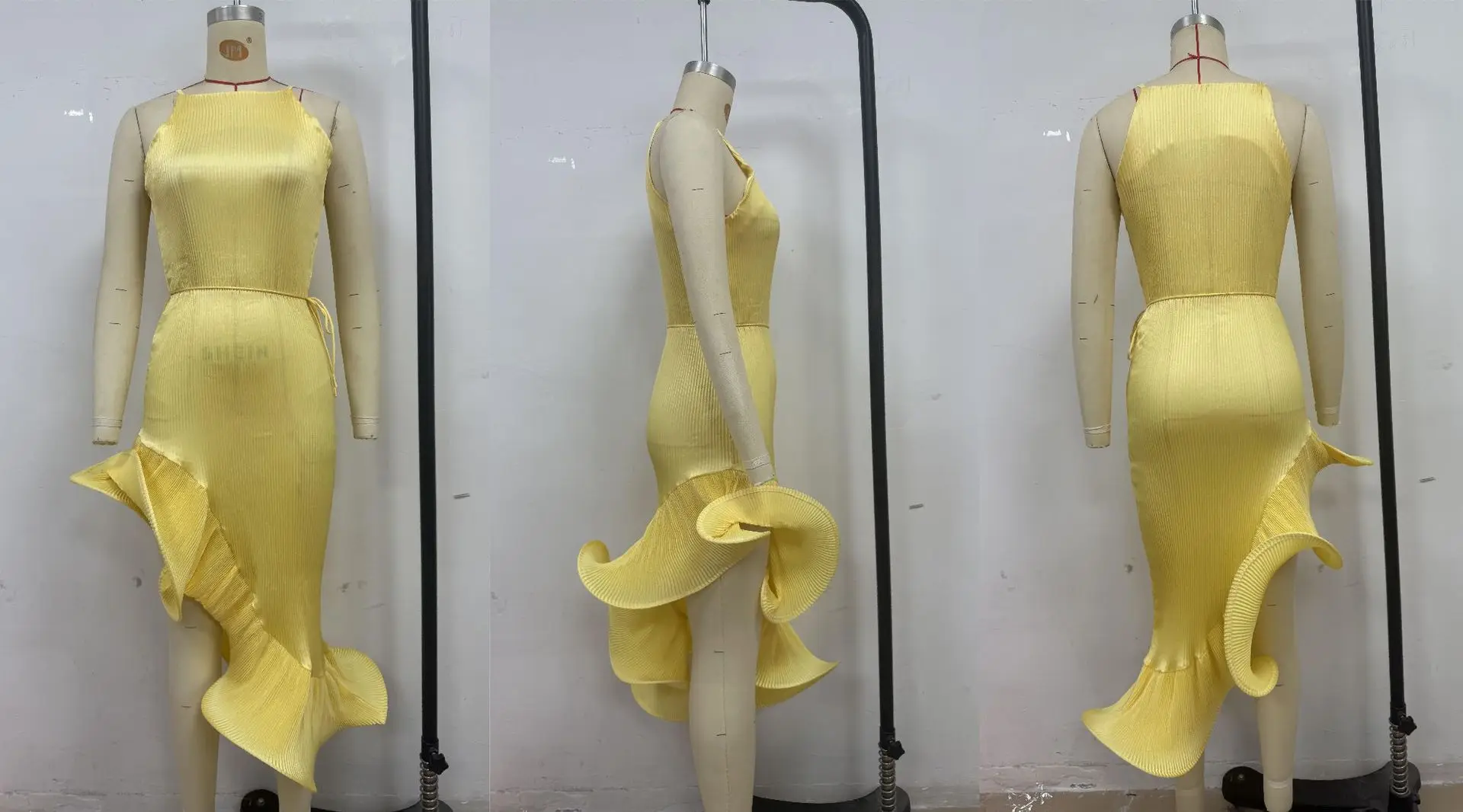 Solid Midi Jurk Vrouwen Ruche Geplooide Feestjurken Lace Up Mouwloze Bodycon Onregelmatige Jurk Vrouw Zomer Sexy Vestidos