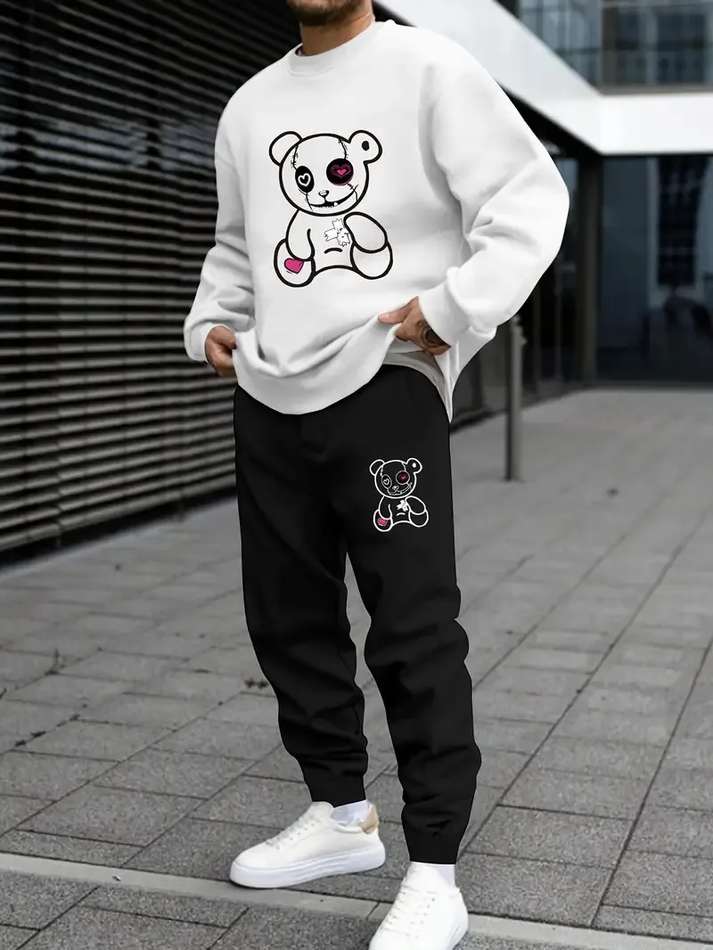 

The new men's round-neck sweatshirt set for Spring and Autumn 2025 features a casual and comfortable 3D bear pattern print