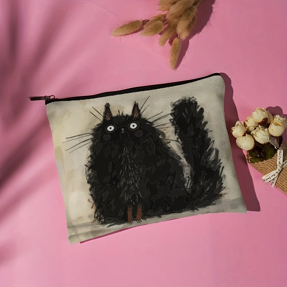 귀여운 검은색 고양이 화장품 가방 - 여성용 귀여운 다기능 지퍼 파우치, 보석 보관 가방,