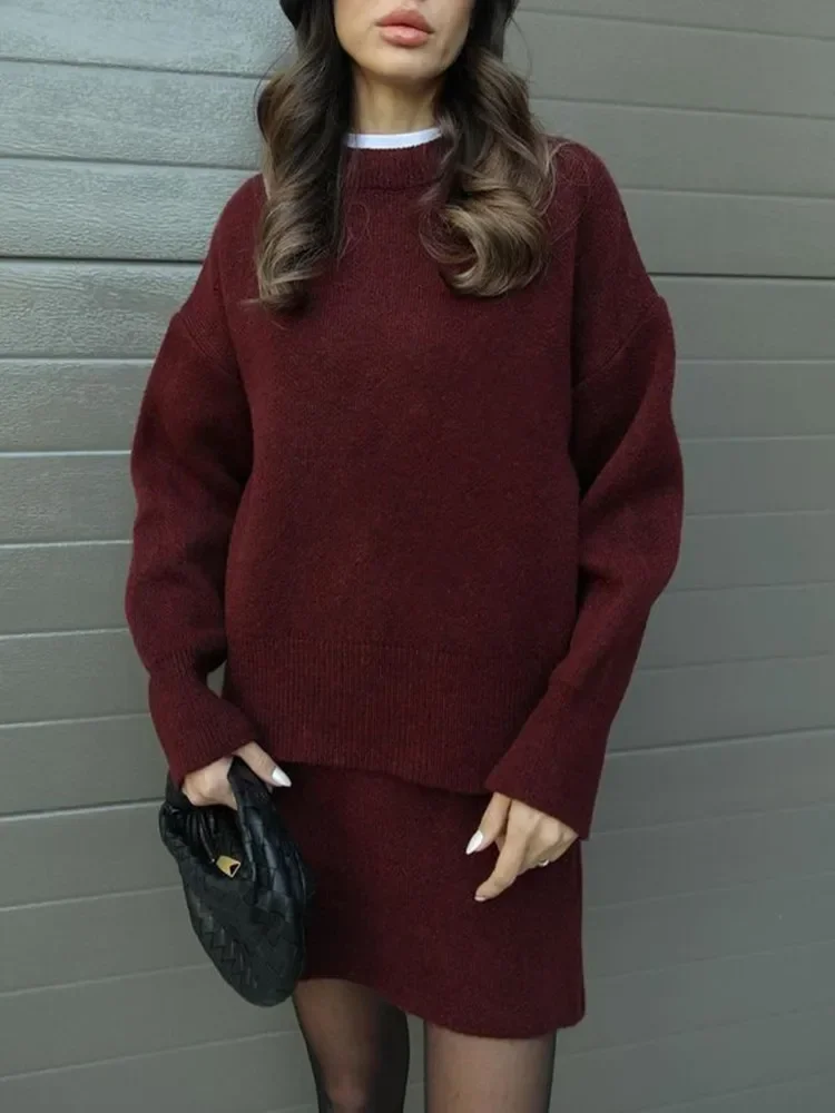 Elegant Women's Skirt Suit Set O-neck Knitted Long Sleeve Pullover High Waist Short Skirt Autumn Outerwear Female Ensemble