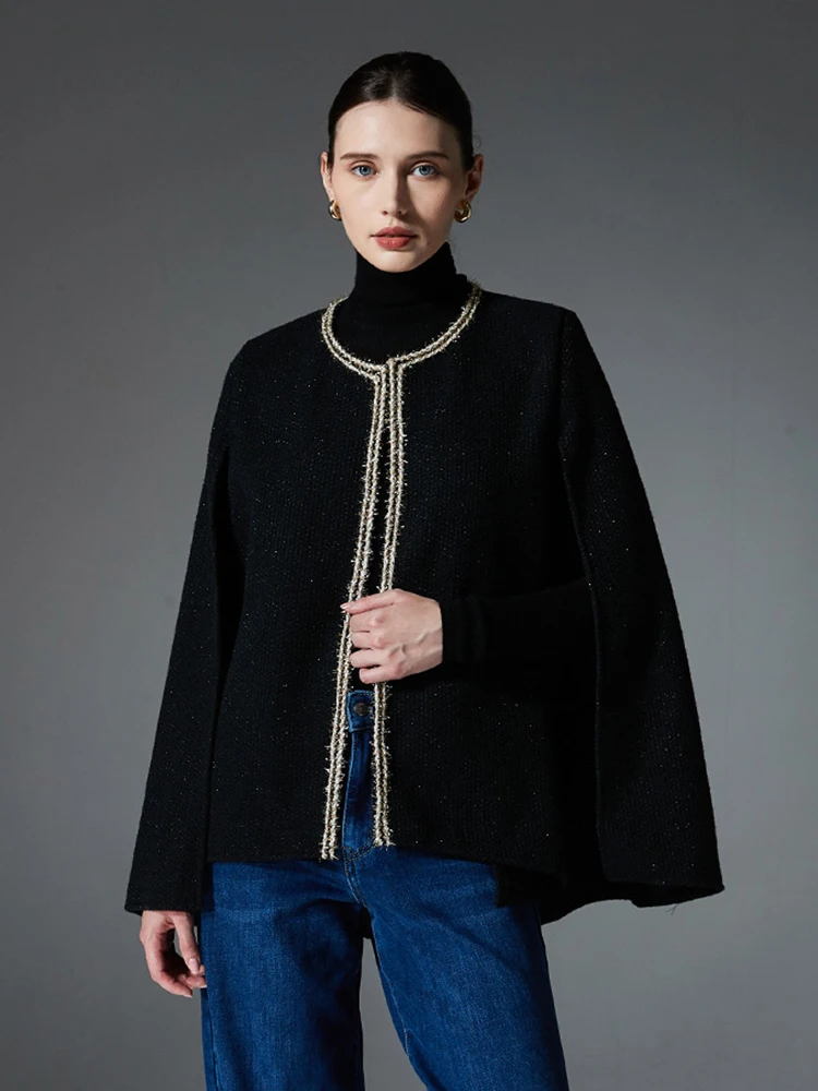 

Autumn Winter Women Lady Layers Poncho Elegant Black Bright Silk Cardigans Wrap Shawl Capa Para Loose Cloak Coat Formal Occasion