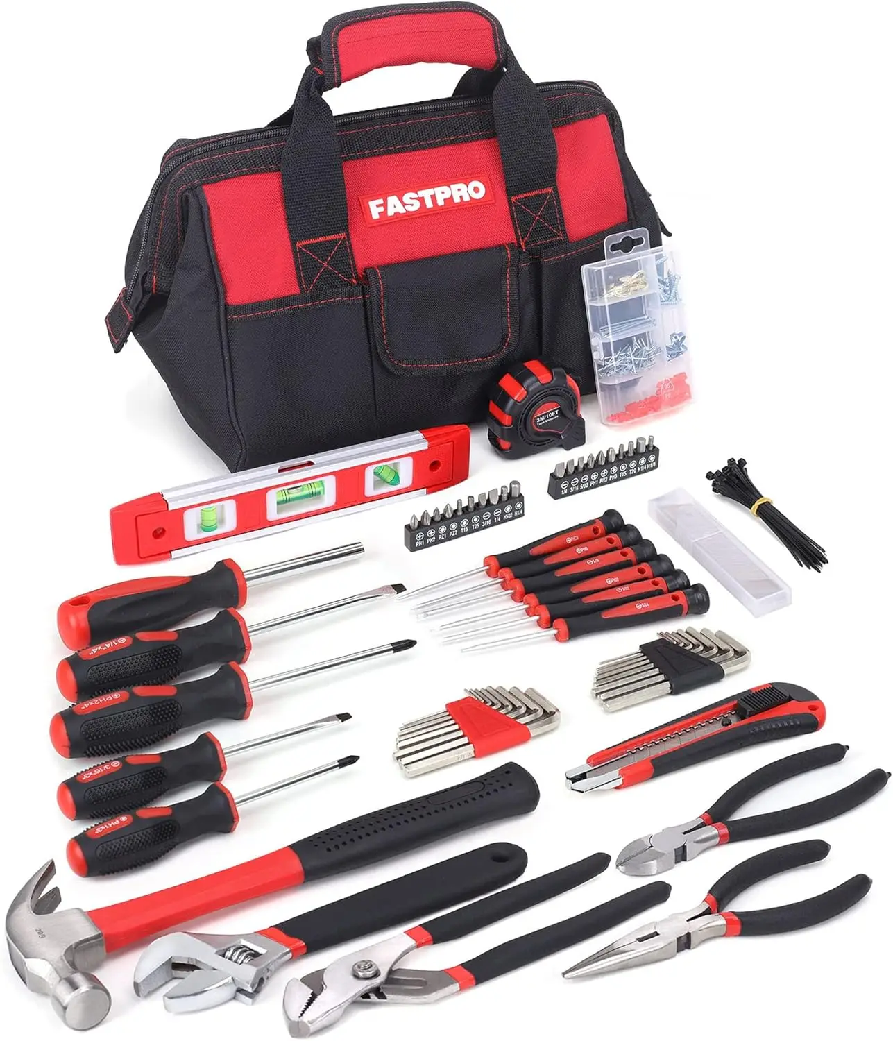 

215-Piece Home Repairing Tool Set with 12-Inch Wide Mouth Open Storage Bag Household Hand Tool Kit Red