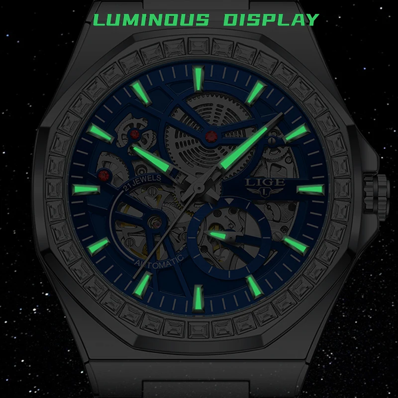LIGE 2026 ساعات آلية للرجال قمة الموضة الفاخرة التلقائي ساعة رجالي مقاوم للماء مضيئة توربيون ساعة اليد Reloj Hombre