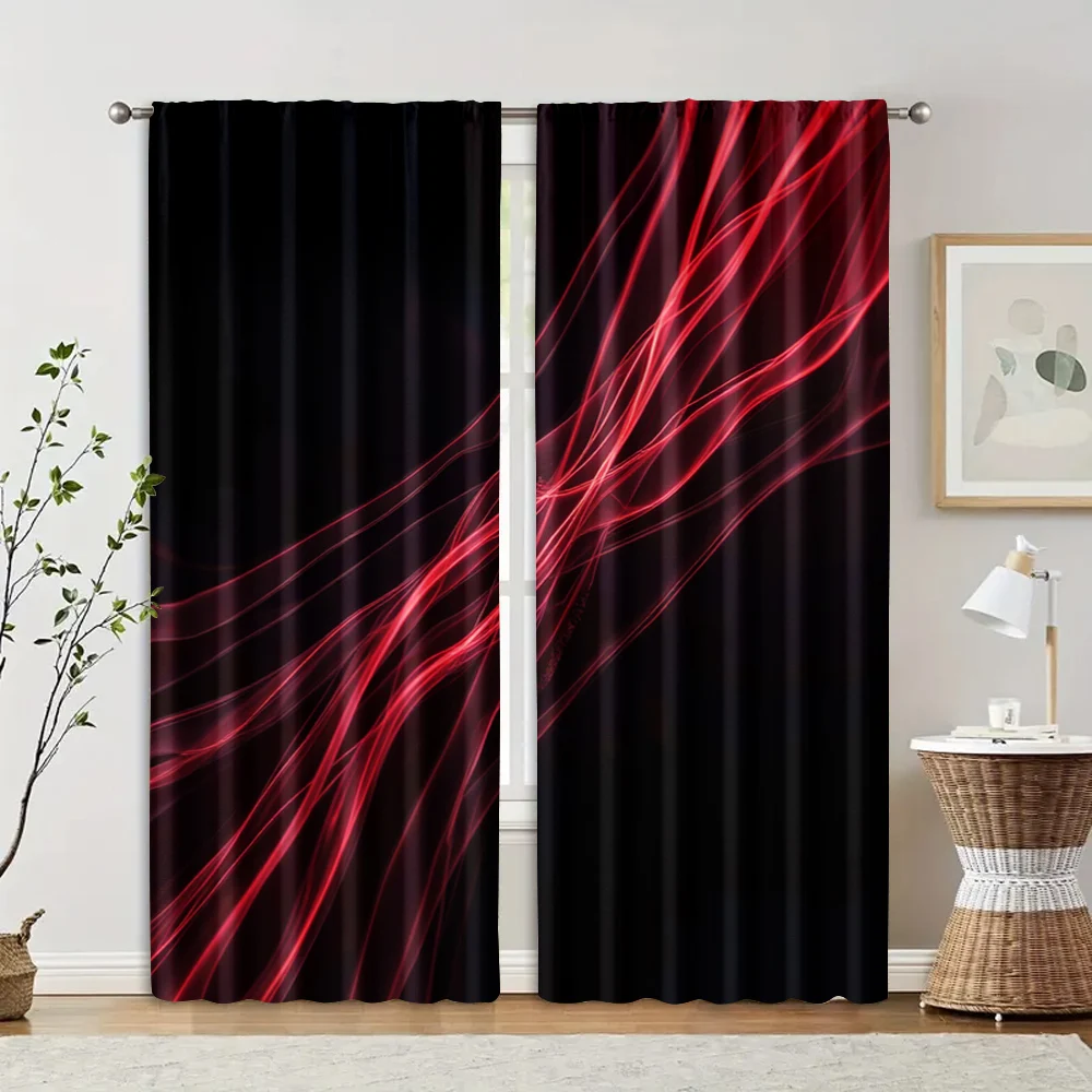 2pcs Abstract Red Light Streaks Print Curtains Modern Black Background Polyester Window Drapes for Living Room Bedroom Decor