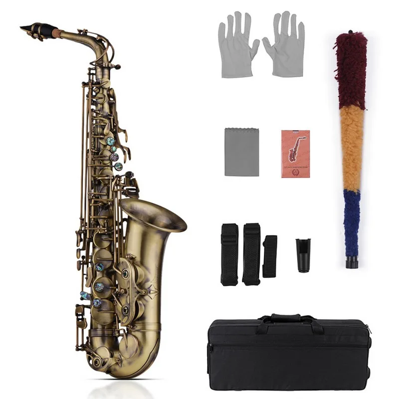 Antique Eb E-flat Alto Saxophone Sax Shell Key Carve Pattern Woodwind Instrument with Padded Carry Case Gloves