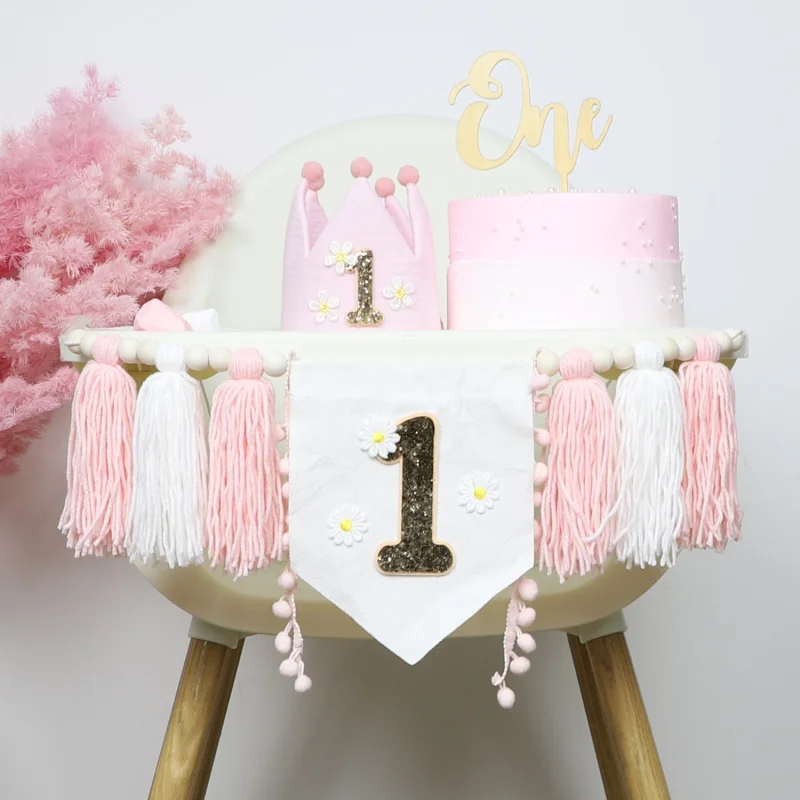 Bohemian Wooden Bead Tassel Banner 1Birthday Tassel Banner Daisy Theme Party Decoration Photo Props