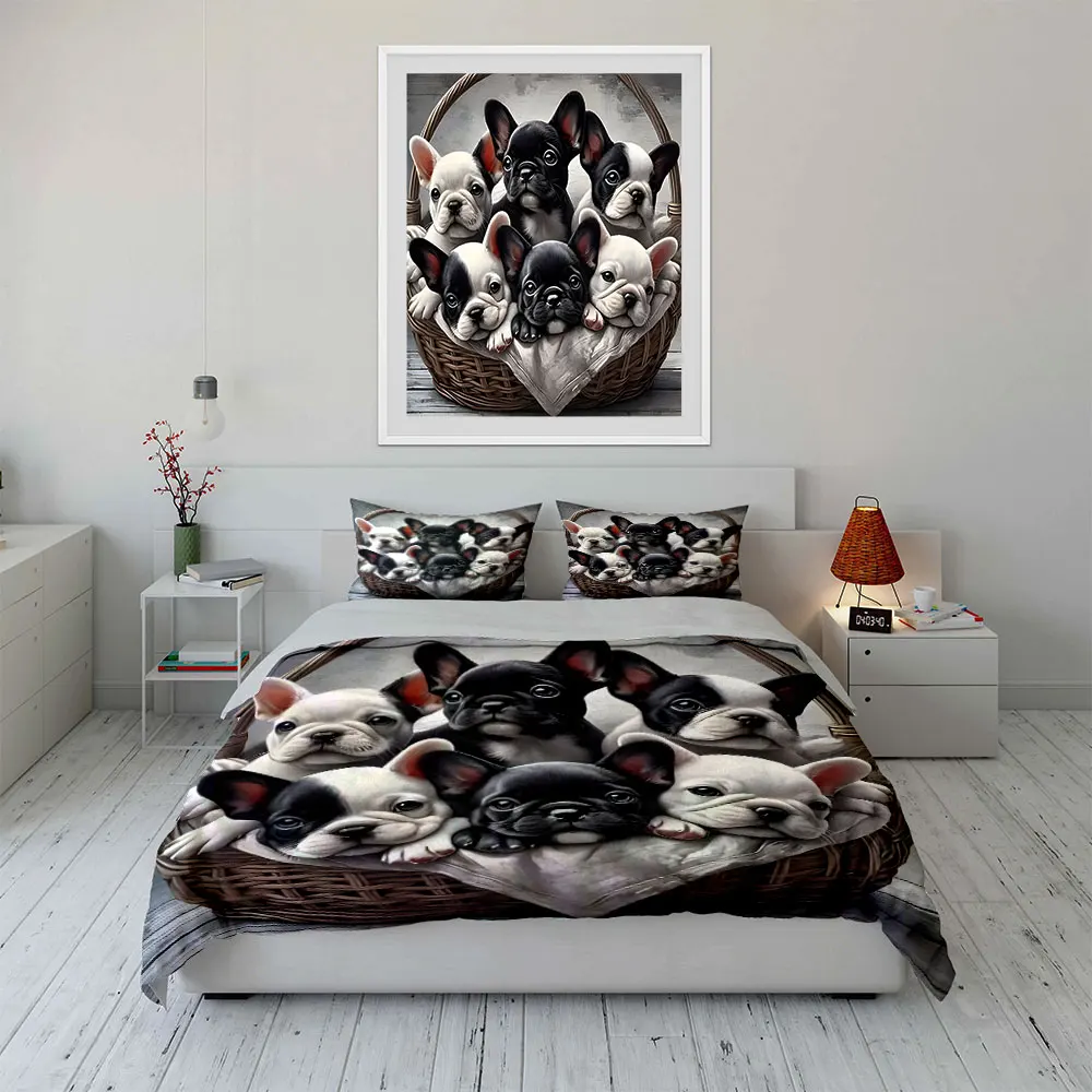 Puppies resting in a basket Pattern Duvet Cover Set Digital Print Colorful Polyester Bedding with Zipper Closur for kids gifts