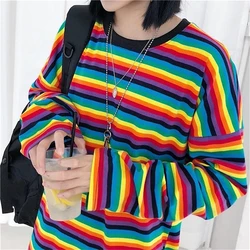 Rainbow Stripe T Shirt Hoodies Harajuku Female T-Shirt Long Sleeve T-shirts Pullovers Tops For Women Female Sweatshirt