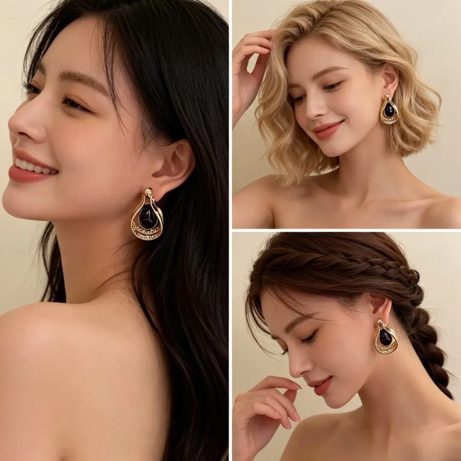 Heavy industry hollow water drop black pattern stone earrings light luxury retro Hong Kong style earrings Internet celebrity li