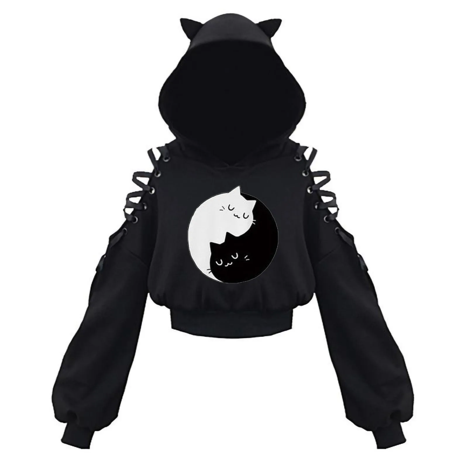 Japan Black White Cute Cat Ears Hoodies Cosplay Costume Short Tops Sweater Anime Pullover Cartoon Sweatshirt Women Clothes