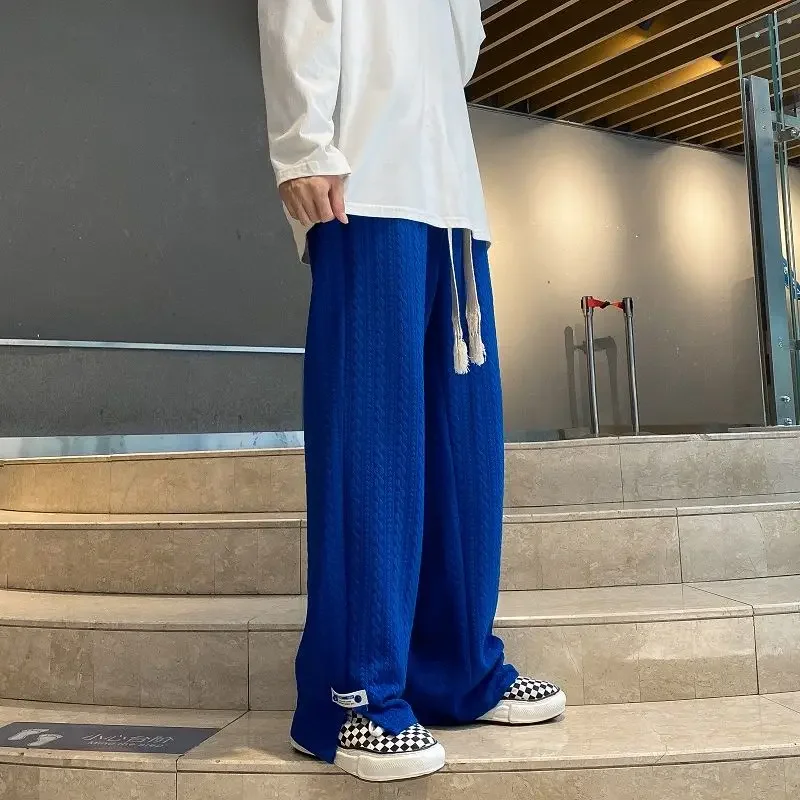 Men High Street Sweatpants Fashion Loose Casual Side Slit Straight-Leg Pants Vintage Blue Jacquard Casual Bottoms Male Clothes