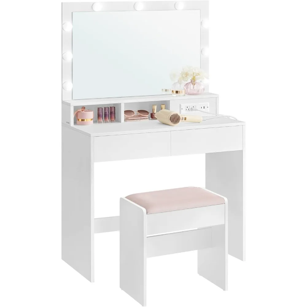 Vanity Desk with Power Outlets, Makeup Vanity with Mirror and Lights, with Upholstered Vanity Stool, 9 Dimmable LED Lights, 2 C