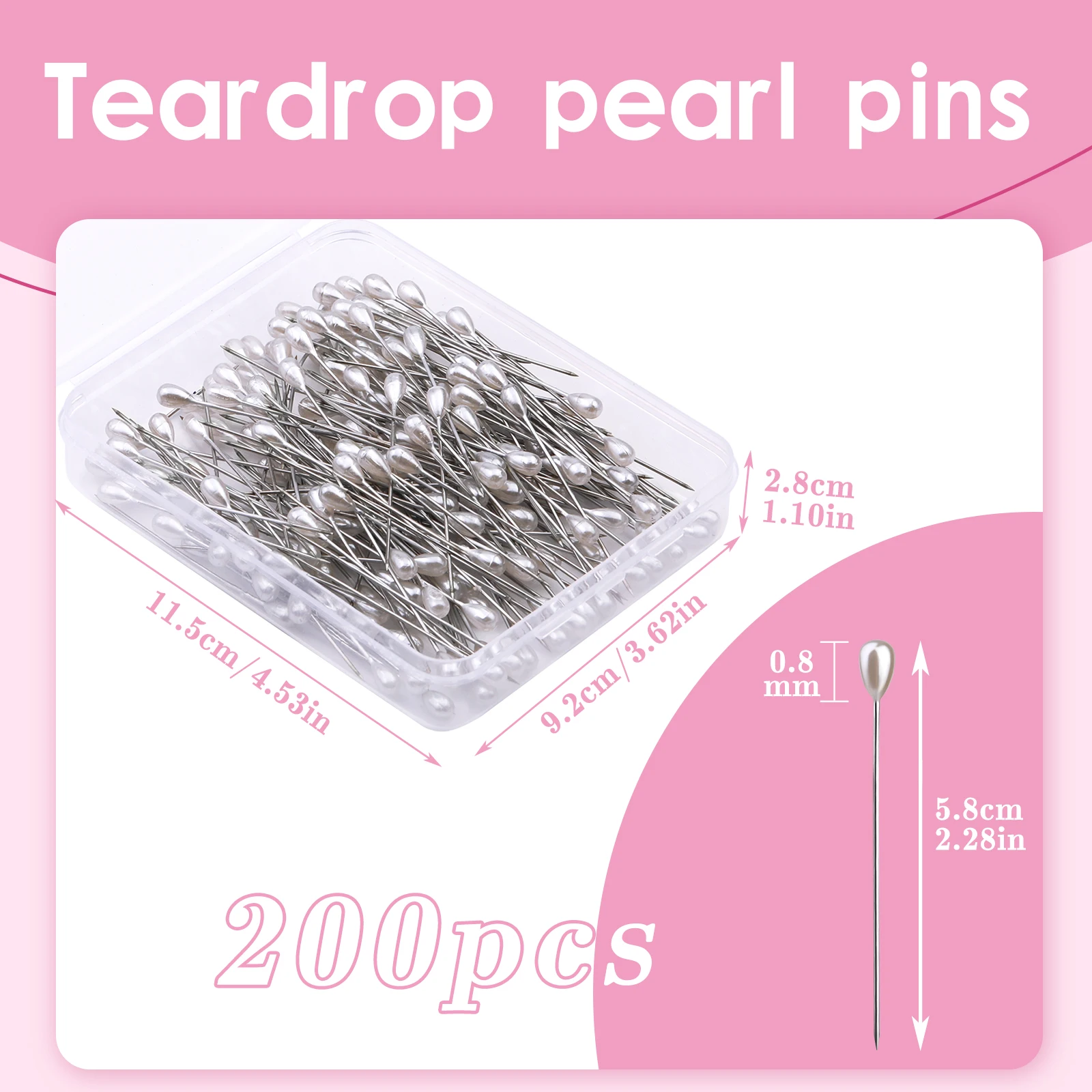 200Pcs Corsage Pins Boutonniere Pins, Teardrop Pearl Head Pins with A Plastic Storage Box for DIY Crafts Decoration(58mm)