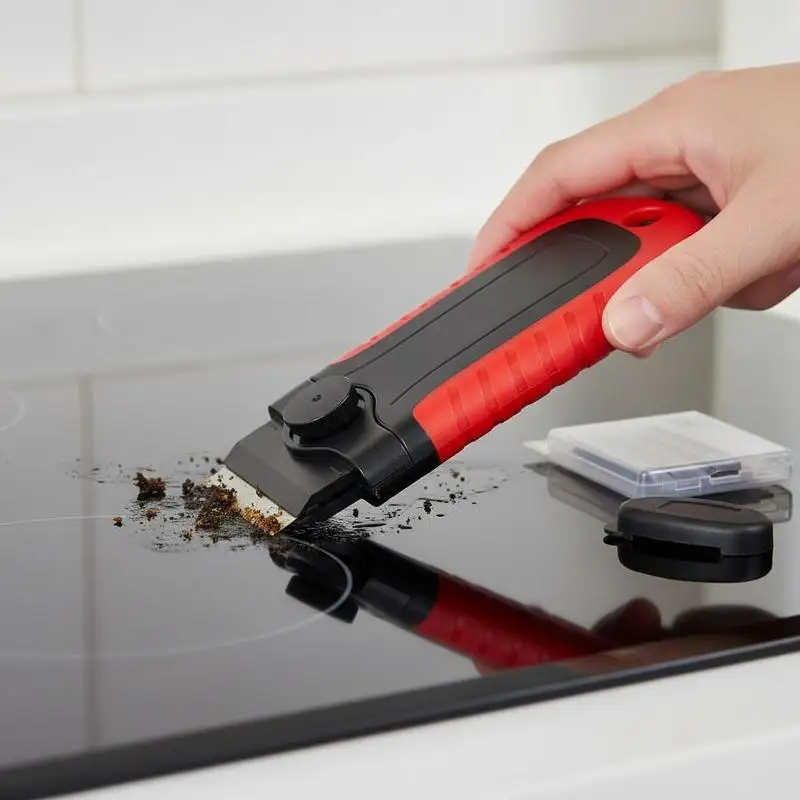 

Multipurpose Scraper Tool 4.3" For Glass Stovetop Oven Window, 15 Replacement Blades Safety Cap Locking Mechanism Carbon Steel POM Material Label Sticker Decal Paint Remover Glue Cleaning Set