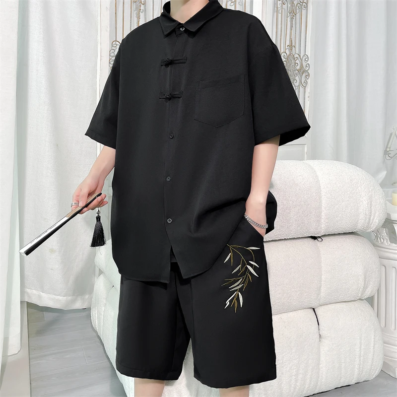 

Summer Men's Fashion Sports Casual Shirt Shorts Set Chinese Style Loose Fit Two-Piece Sweatsuit for Men