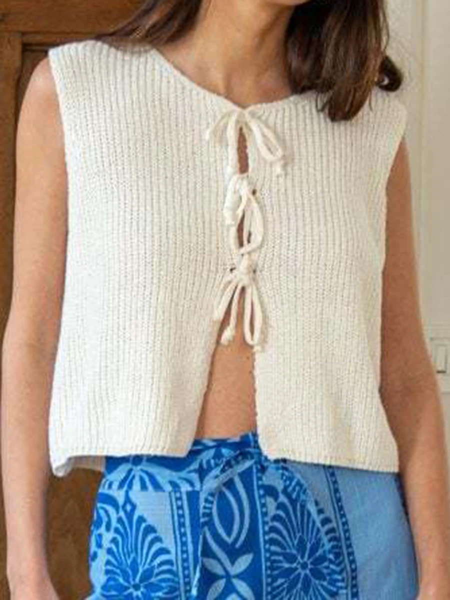 Sommer einfarbig gestrickte Strickjacke Frauen neue V-Ausschnitt Schnür-Tanktops Französisch Mode lässig ärmellose Weste Pullover weiblich