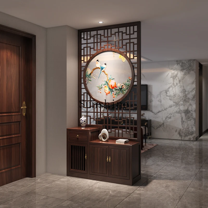 

screen partition cabinet, living room double-sided embroidered solid wood hollow flower grid to block the entrance entrance