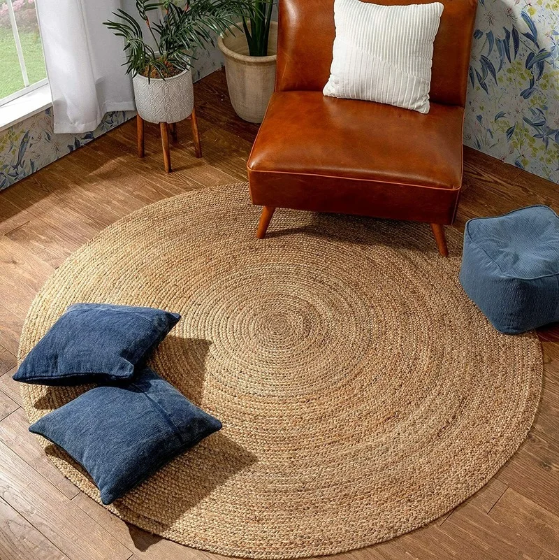Rug Jute Natural Round Reversible 100% Jute Style Rug Braided Modern Rustic Look