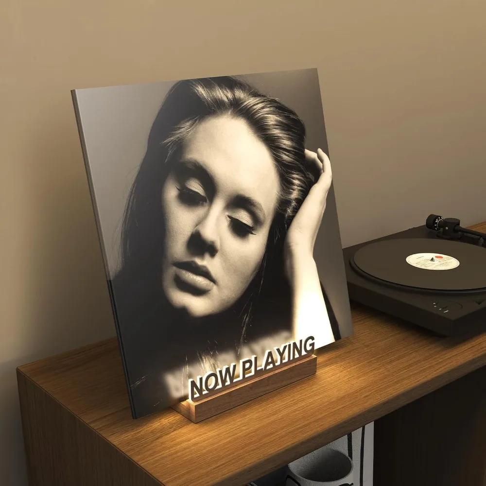 Wooden Acrylic Now Playing Vinyl Record Stand with Warm White Light Light Up Vinyl Record Display Stand Fingerprint-Proof
