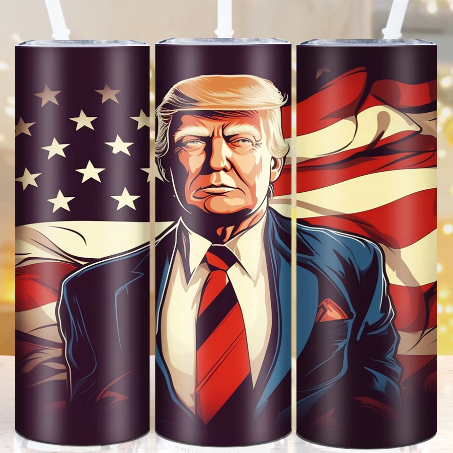 20oz Stainless Straight Water Bottle With Straw Lid 3D Print Trump & Flag Exquisite Skinny Straight Tumblers Outdoor Travel Cups