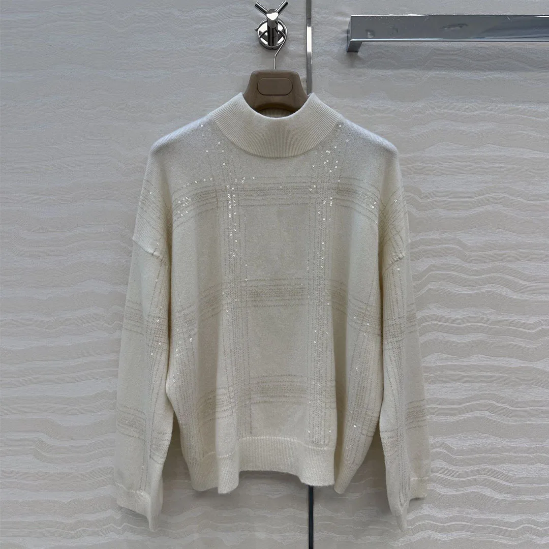 

Old Money Style Sequins Embroidery Plaid Pattern Wool Cashmere Yarn Knit Jumper Women O-neck Long Sleeve Loose Sweater Pullover