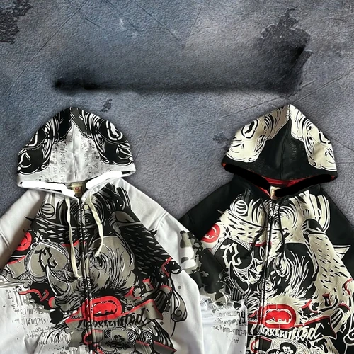 Sudadera con capucha gótica oscura Ecko con estampado de calavera y ojo para hombre y mujer, ropa de calle Punk, sudadera negra de gran tamaño, Jersey informal artístico desgastado