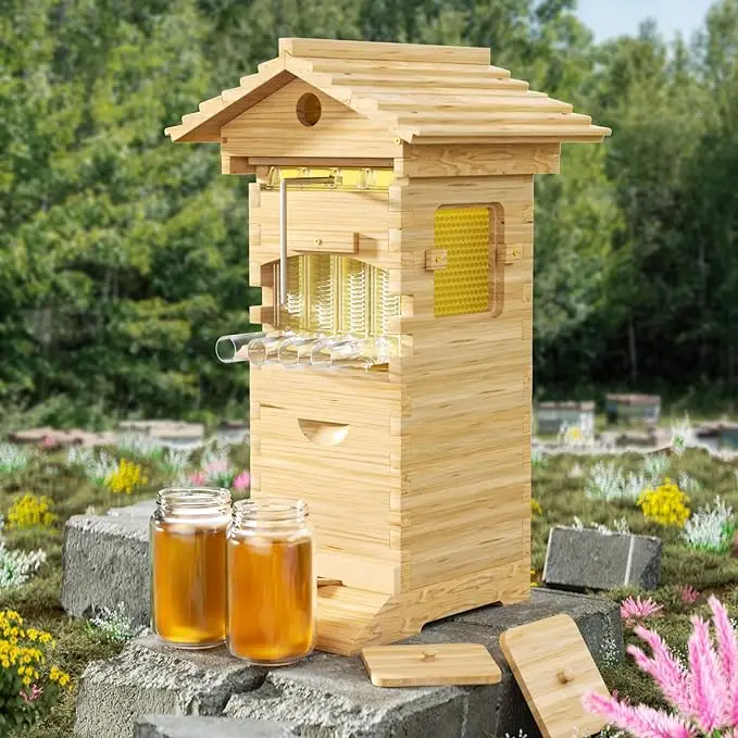 4 Pcs Auto Beehives Boxes Starter Kit with Beehive Frames and 6 Brood Frames for Self-Flowing Honey Design Bee Hive Box