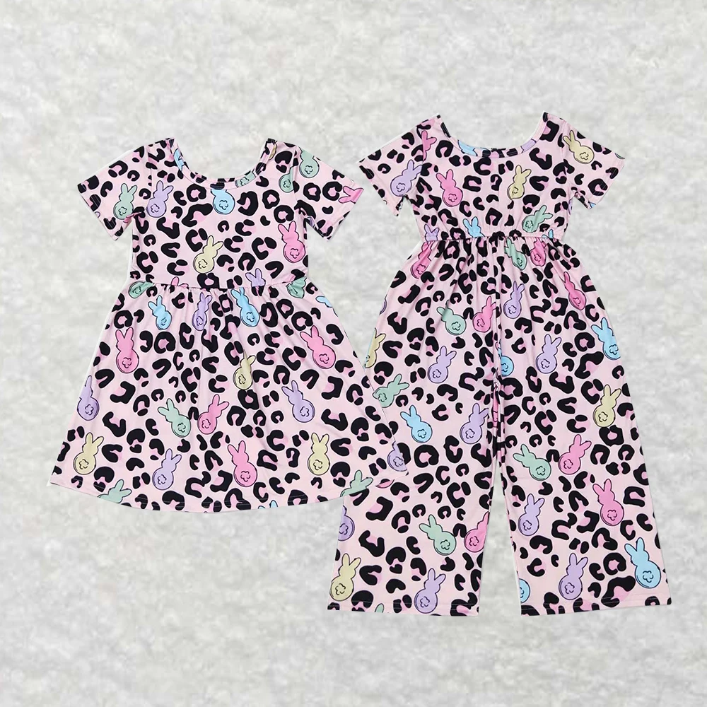 

Wholesale kids western boutique clothing children Sibling Baby Girls Pink Easter Leopard Bunny Dresses Jumpsuits