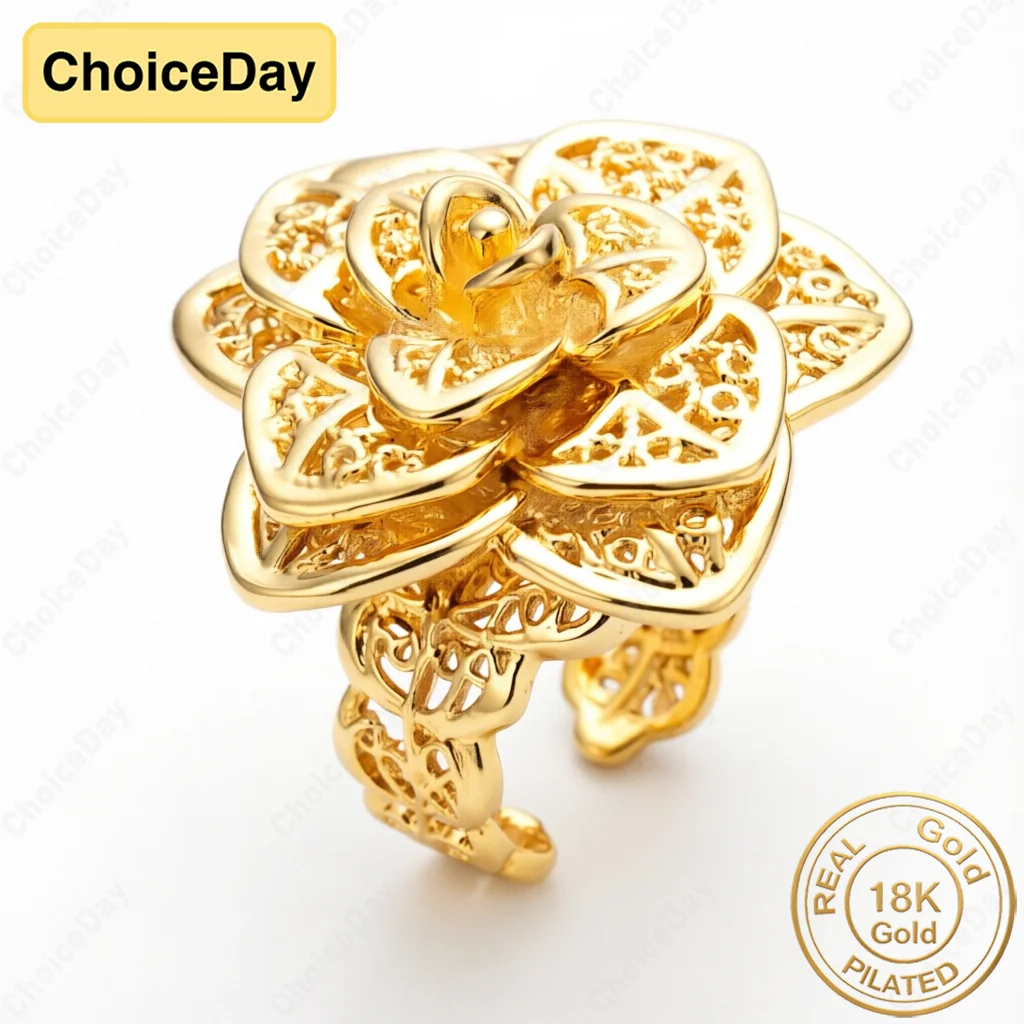 18K Gold Plated Exquisite Multi-Layer Openwork Flower Ring for Women, Fashionable Wedding Party Accessories