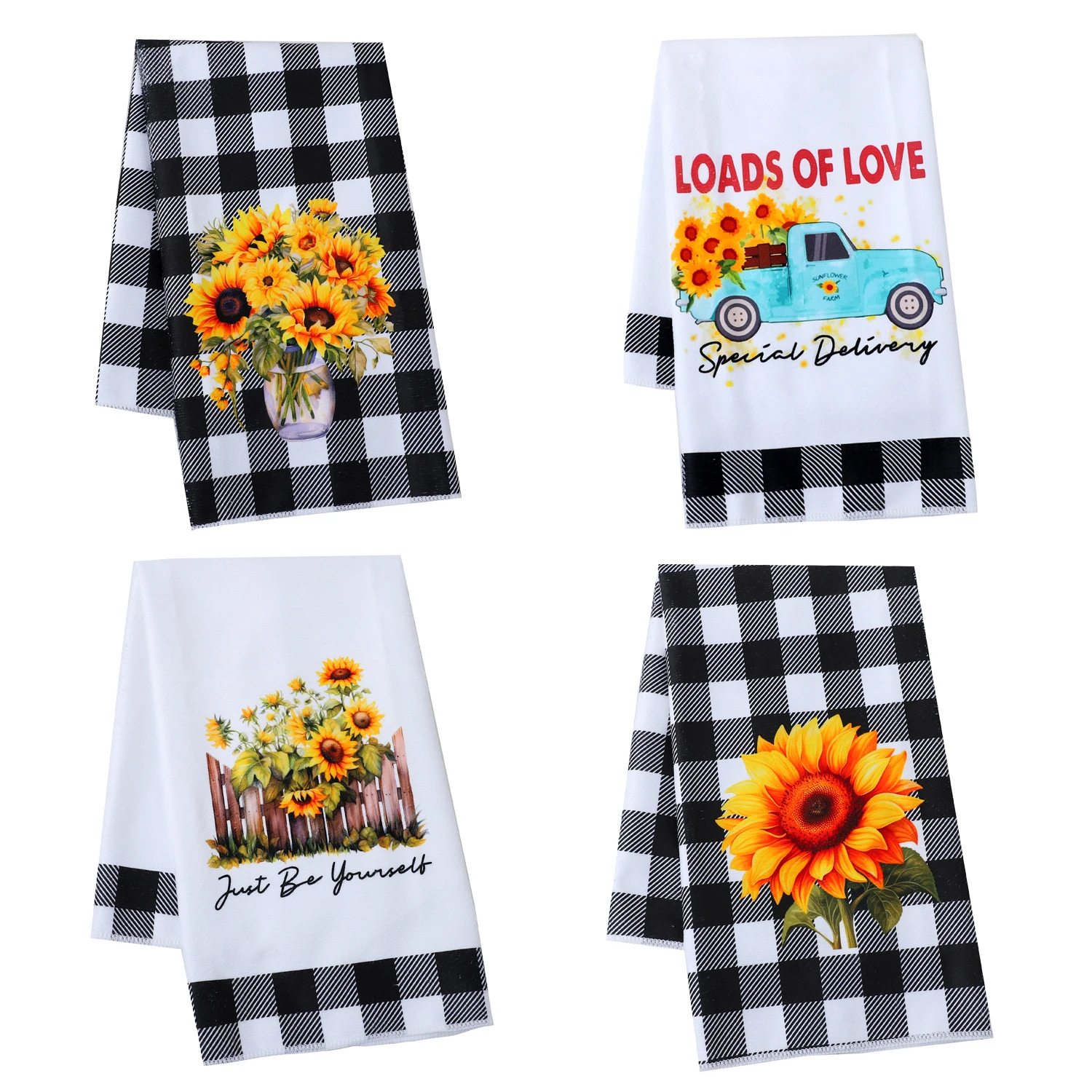 1/2/4 pcs Black and White Checked Sunflower Pattern Microfiber cleaning Household Cloth, kitchen decoration, tableware wiping