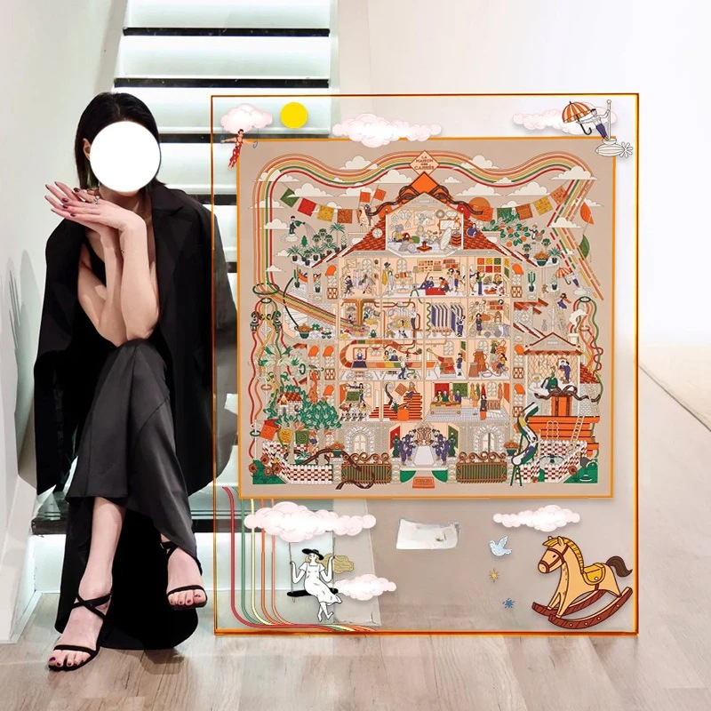 Modern light luxury acrylic framed living room silk scarf hanging painting high-end villa decorative painting